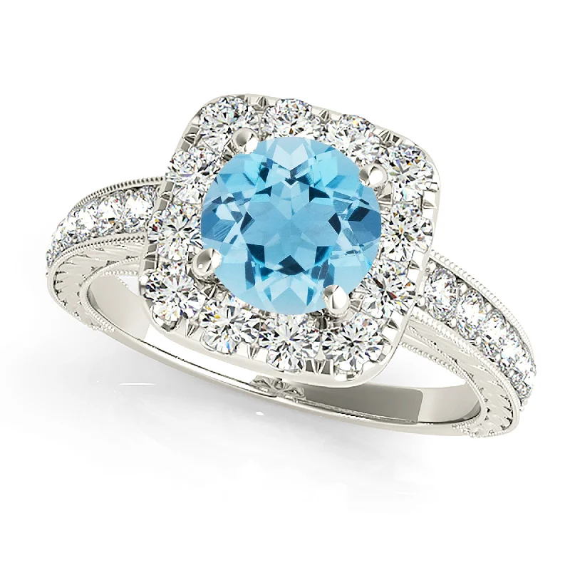 Women’s delicate rings with tiny sapphire accents -2.00 ct. Genuine Aquamarine Ring With Cushion Halo, Milgrain Diamond Band