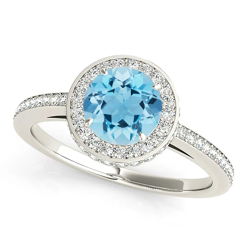 Women’s custom rings with engraved love messages -2.00 ct. Genuine Aquamarine Ring With Halo And Delicate Diamond Band