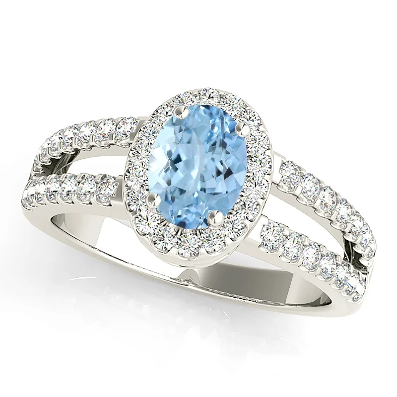 Women’s rings with aquamarine gems for calm -2.00 ct. Genuine Oval Aquamarine Ring With Halo And Split Diamond Band