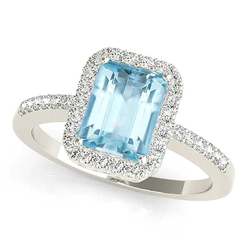 Women’s bridal rings with diamond halo settings -2.10 ct. Genuine Emerald Cut Aquamarine Ring With Halo