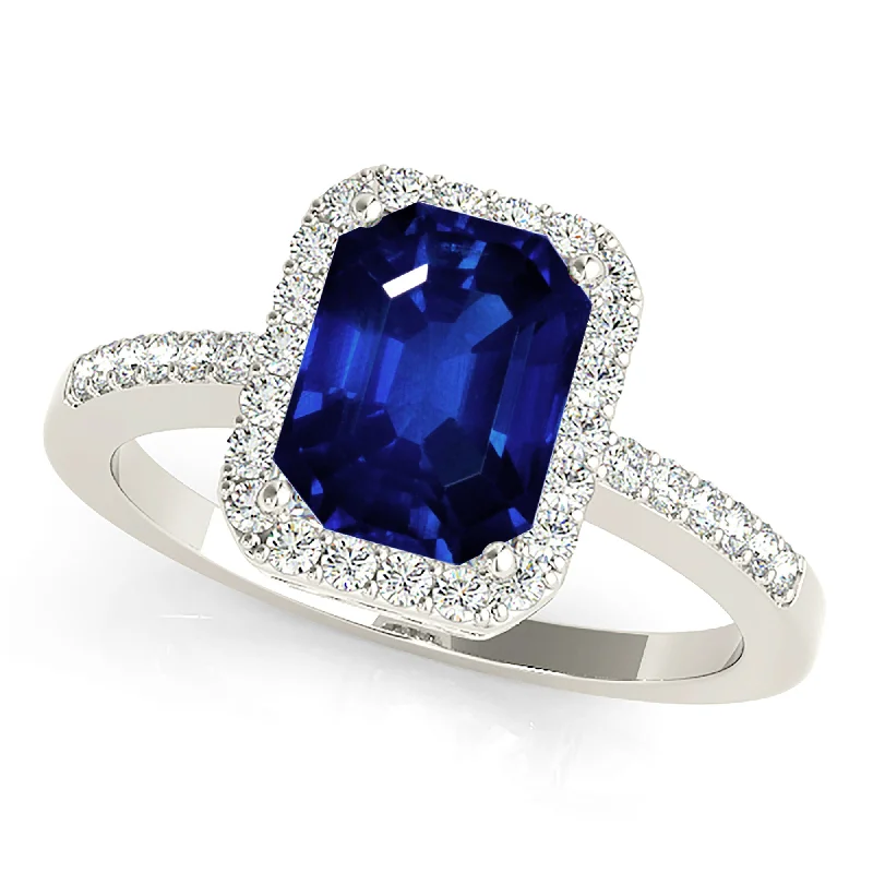 Women’s rings with raw citrine for charm -2.30 ct. Genuine Blue, Emerald Cut Sapphire Ring with Halo Style