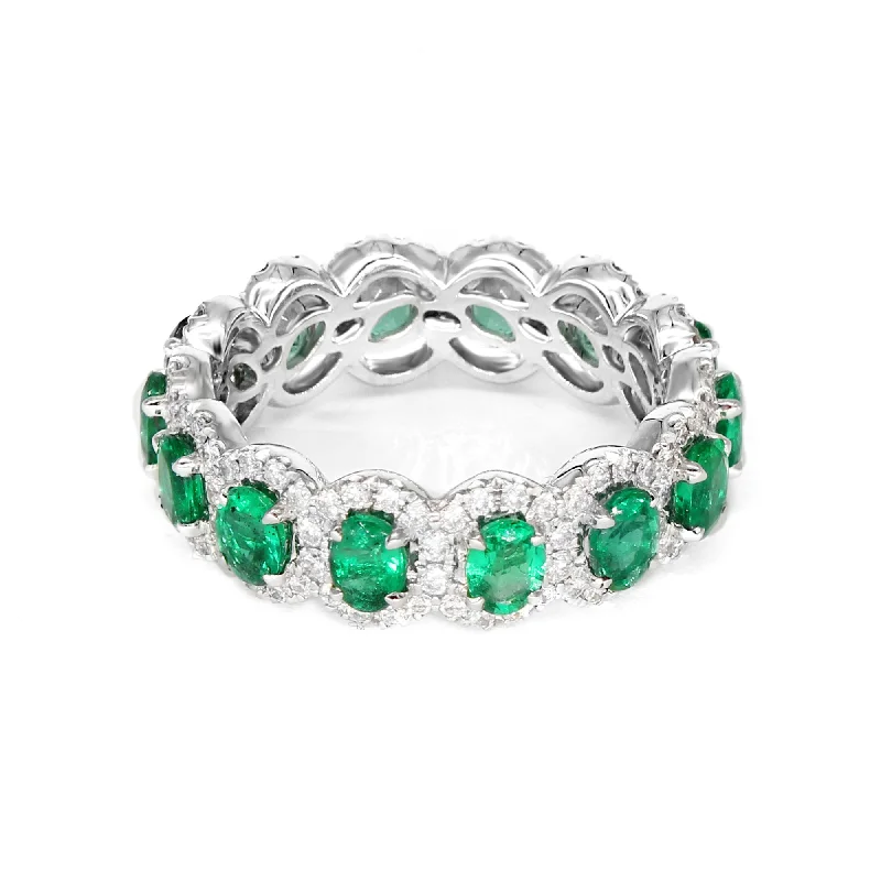 Women’s rings with matte silver for understated -2.50 ct. Genuine Oval Emerald Eternity Ring With Diamond Halo