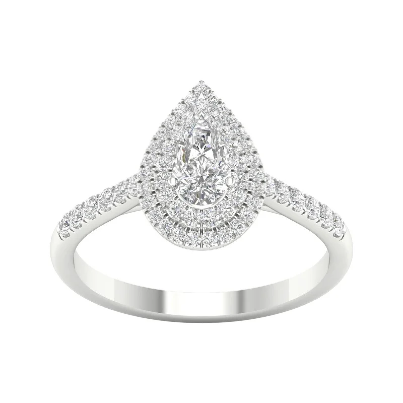 Engagement rings with infinity twist diamond bands -3/4ct TDW Diamond Pear Shape Double Halo Ring in 10k Gold by De Couer