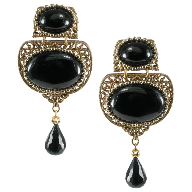 Drop Earrings for Gym Workout -#677e Gold Tone Filigree & Jet Cabochon Earrings With Jet Drop