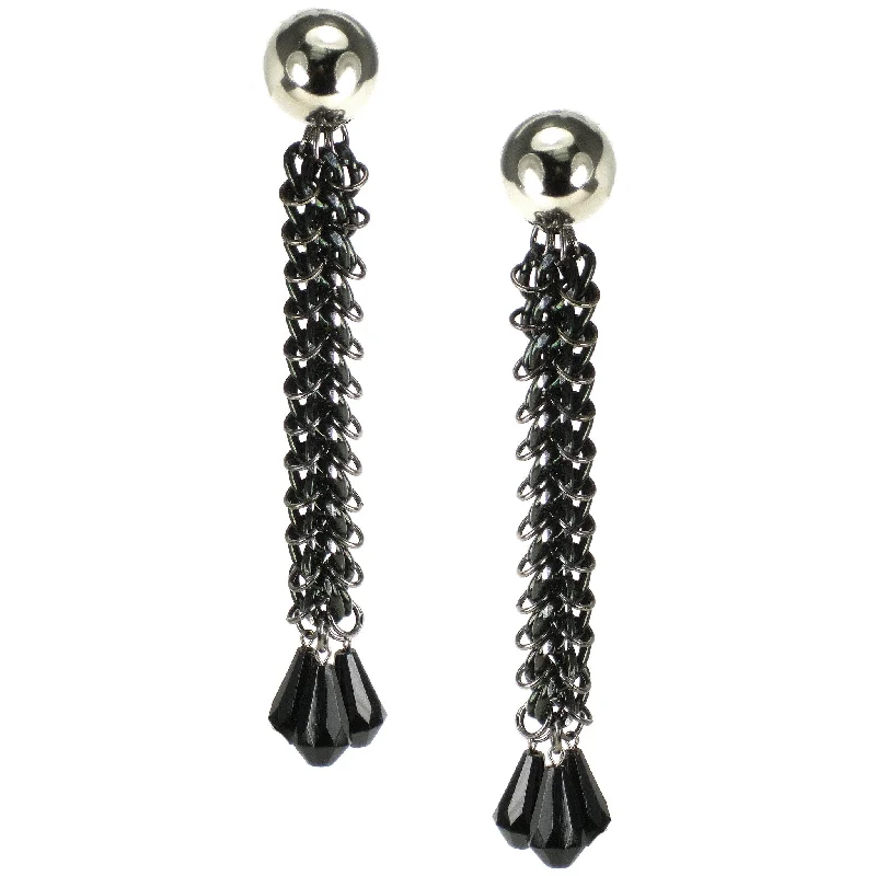 Drop Earrings with Keyhole Designs -#808e Black/Silver Chain Mail Shoulder Duster Earrings With Jet Drops