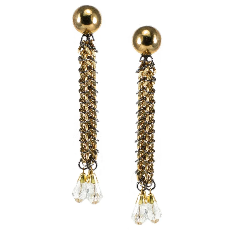 Drop Earrings with Crown Designs -#815e Gold Tone Chain Mail Shoulder Duster Earrings With Crystal Drops