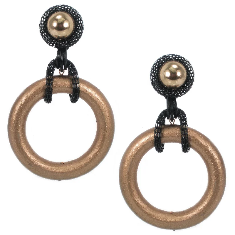 Gemstone Drop Earrings for Color -#936e Gold Tone Wood Hoop Earrings With Black Metal Mesh & Button Top