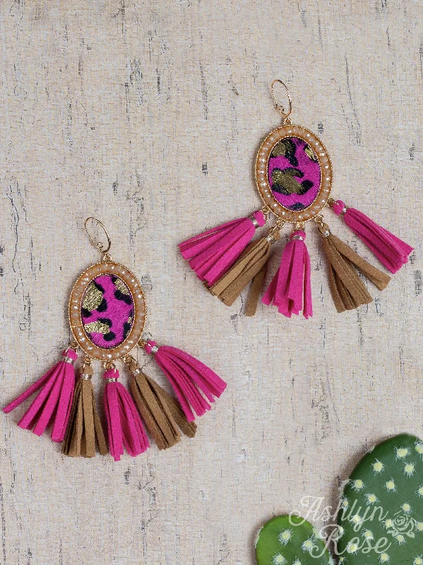 Drop Earrings with Leaf Motifs -Airin' the Lungs Oval Earrings with Fringe, Fuchsia