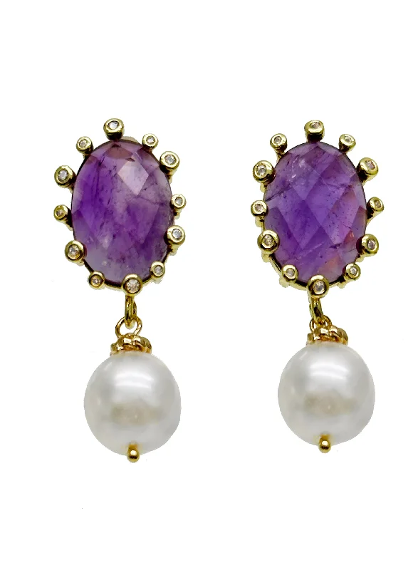 Triangular Drop Earrings for Edge -Amethyst with Freshwater Pearls Dangle Earrings JE029