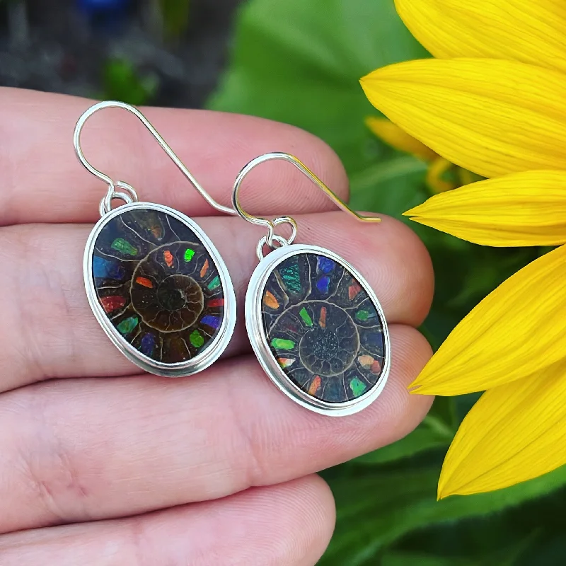 Drop Earrings for Birthday Celebration -Ammonite with Ammolite Inlay and Sterling Silver Earrings