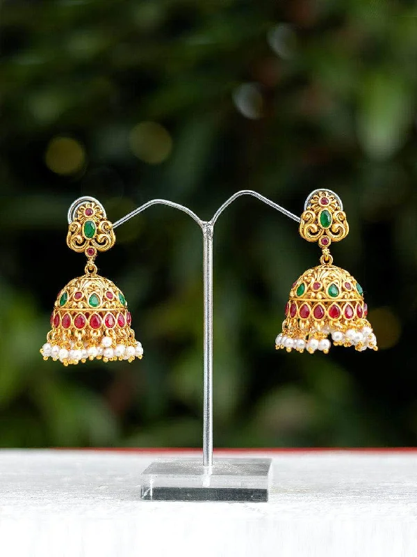 Drop Earrings with Symbolic Elements -Antique Jhumkas With Kemp Stone And Pearl Hangings