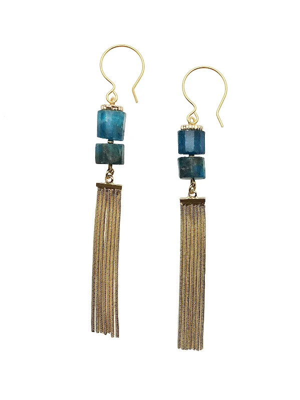 Retro Drop Earrings for Nostalgia -Blue Apatite With Tassel Earrings CE021