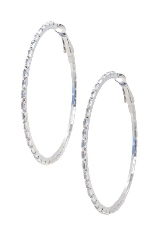 Drop Earrings with Polished Shine -Large Sterling Silver Hoops with Rectangular Gems