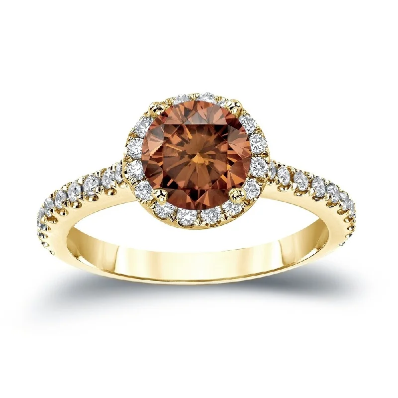 Engagement rings with floral halo of topaz -Auriya 1 1/3ctw Round Halo Brown Diamond Engagement Ring 14k Gold