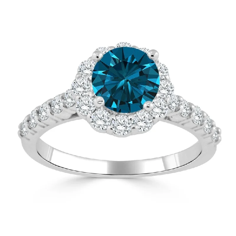 Engagement rings with faceted jade for calm -Auriya 14k Gold 1 1/2ct TDW Round Blue Diamond Halo Engagement Ring