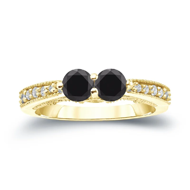 Engagement rings with yellow gold floral halos -Auriya 3/4ctw Modern 2 Stone Black Diamond Ring 14k Gold (SI2-SI3)