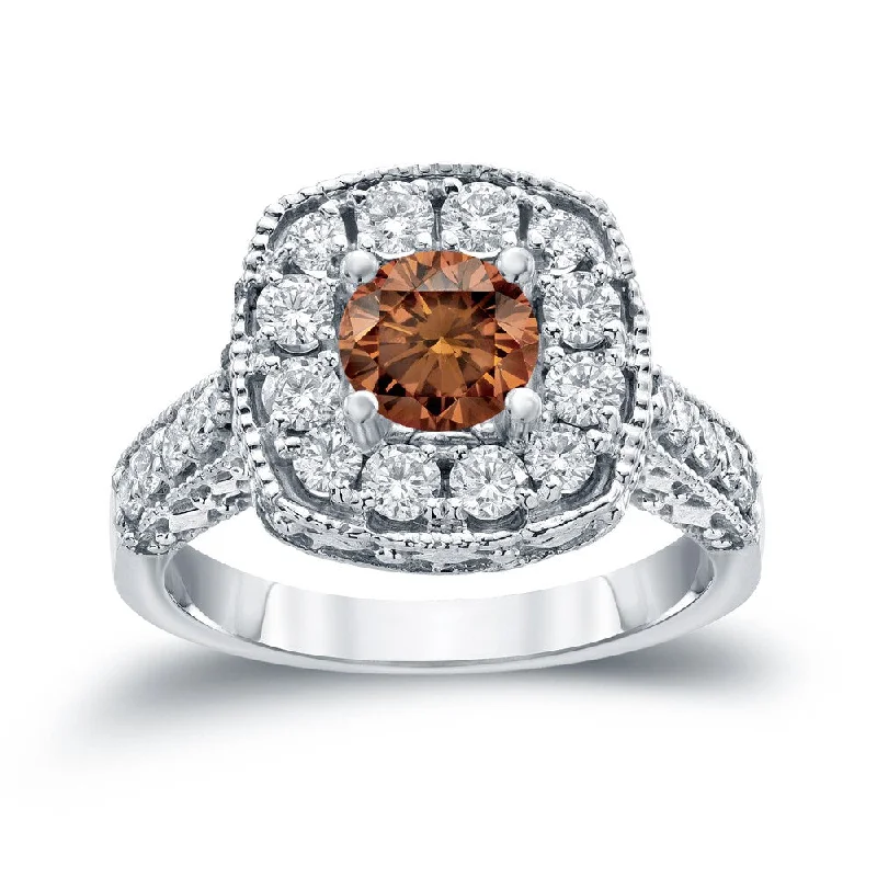 Engagement rings with classic pave garnet bands -Auriya Ornate 1 1/2ctw Halo Brown Diamond Engagement Ring 14k Gold