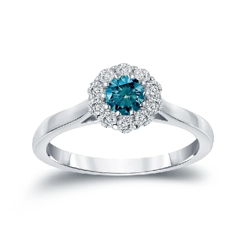 Engagement rings with sleek emerald-cut jade stones -Auriya Round Halo Blue Diamond Engagement Ring 1/2ct TDW 14K Gold (H-I, I1-I2)