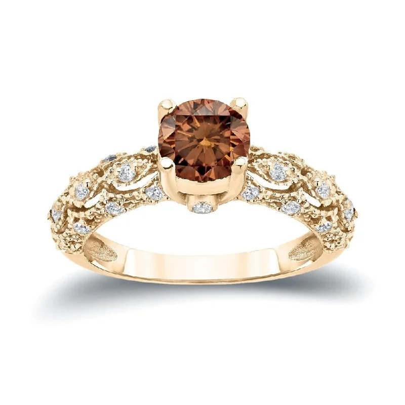 Engagement rings with starburst tiger eye glow -Auriya Unique Vintage 1 1/4ctw Champagne Brown Diamond Engagement Ring 14k Gold (I1-I2)