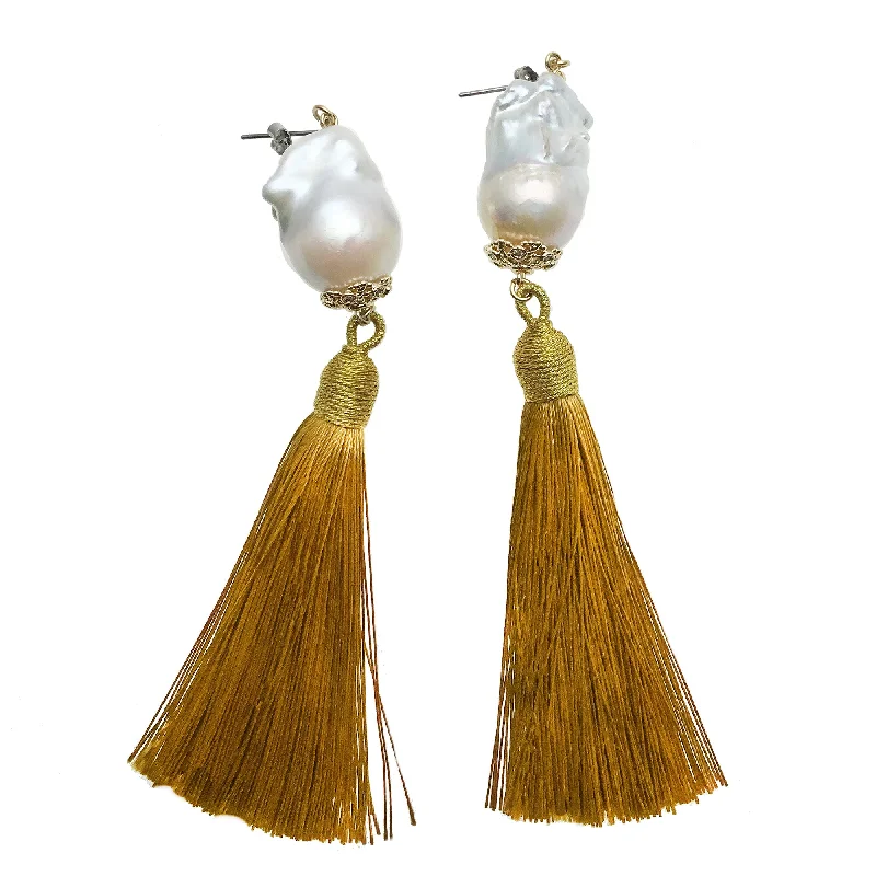 Oval Drop Earrings for Grace -Baroque Pearl With golden Tassel Earrings CE027