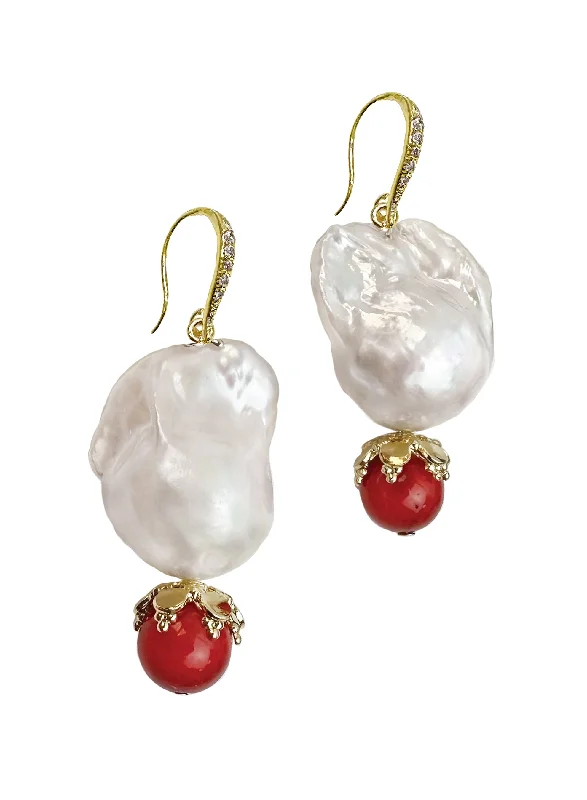 Drop Earrings with Floral Motifs -Baroque Pearl With Red Coral Earrings KE029