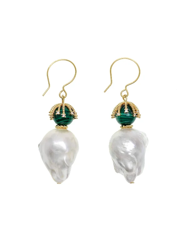 Drop Earrings for Anniversary -Baroque Pearl With Malachite Hook Earrings GE011