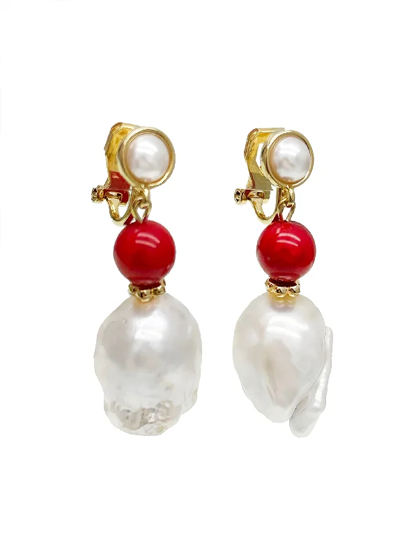 Vintage Drop Earrings with Patina -Baroque Pearl with Red Coral Clip-on Earrings JE005