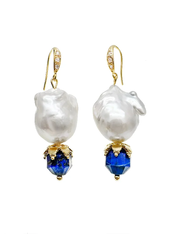 Ethnic Drop Earrings with Tribal Design -Baroque Pearls with Faceted Lapis Dangle Earrings JE020