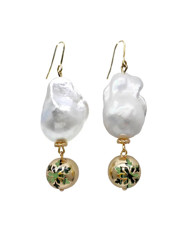 Rhinestone Drop Earrings for Sparkle -Baroque Pearls With Christmas Snowflake Gold Ball Dangle Earrings HE017