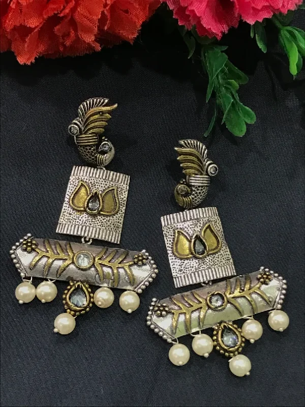 Drop Earrings for School Uniform -Beautiful Dual Tone Tribal Oxidized Earrings With Pearl Beads