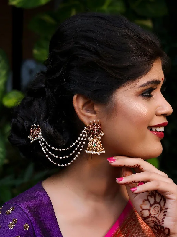 Drop Earrings for Beach Outfit -Beautiful Kempu Moon Jhumka With Ear Chain