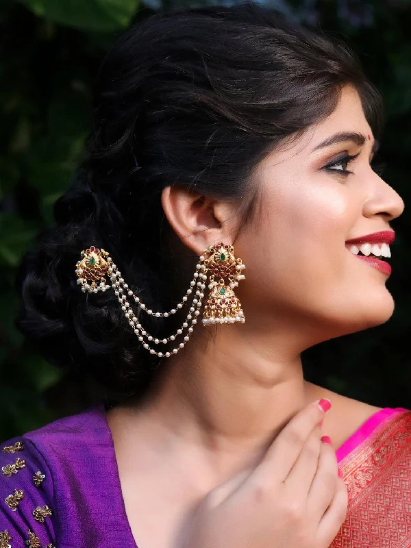 Drop Earrings for Evening Gown -Beautiful Kempu Peacock Jhumka With Ear Chain