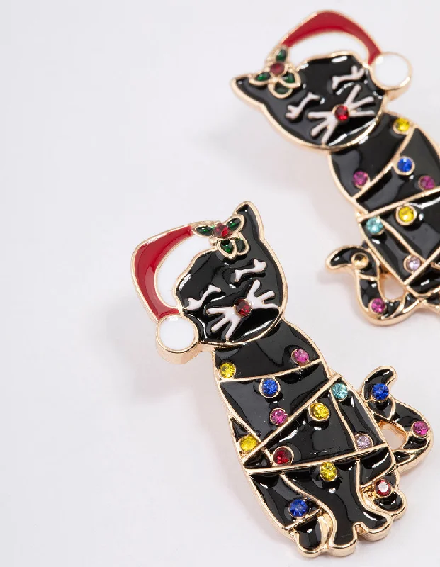 Studded Drop Earrings with Gemstones -Black Cat With Santa Hat Earrings