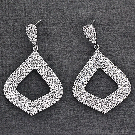 Drop Earrings for Concert Look -Black Plated Studded With Micro Pave White Topaz 50x31mm Dangle Earring