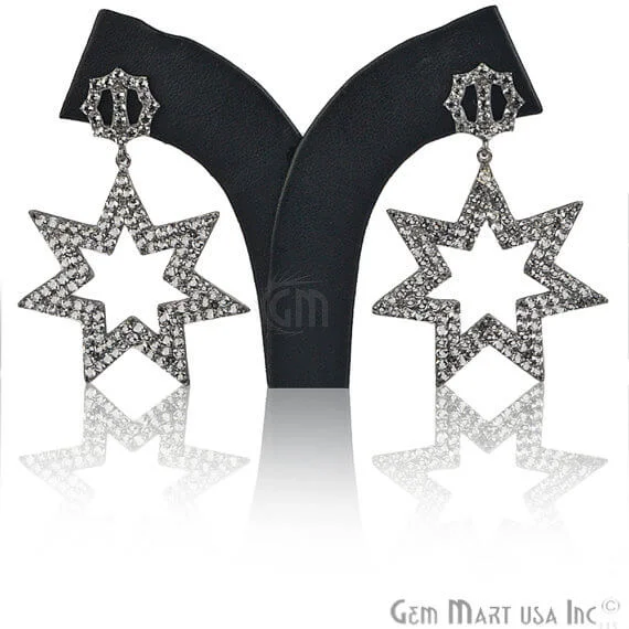 Drop Earrings with Star Motifs -Black Plated Studded With Micro Pave White Topaz 65x33mm Dangle Earring (BPWT-90037)