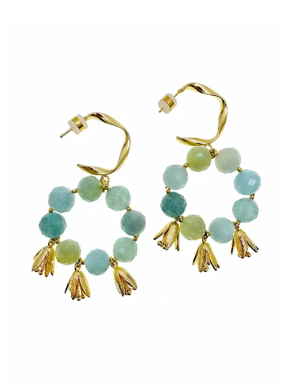 Indian Drop Earrings with Intricacy -Bohemia Style Aquamarine with Flower Charms Earrings JE030