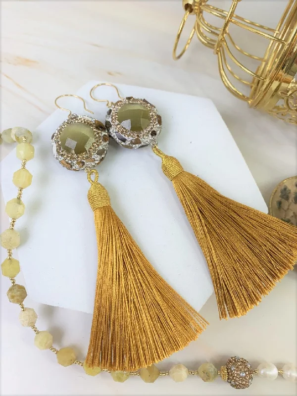 Drop Earrings for Casual Outfit -Opal And Brown Tiger Eye Rhinestone With Tassel Earrings GE007