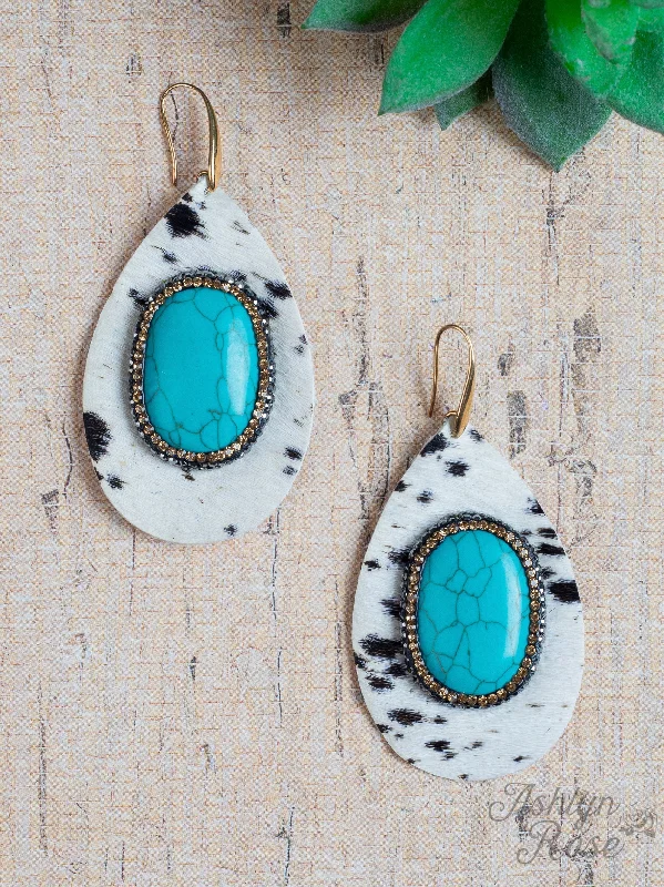 Drop Earrings with Wave Designs -Chasing You Teardrop Cowhide Earrings with Turquoise Stone, White