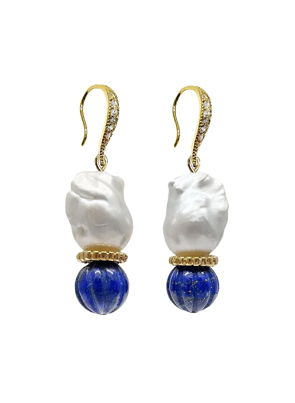 Drop Earrings for Wedding Ceremony -Classic Baroque Pearls with Pumpkin-Shaped Lapis Earrings LE024