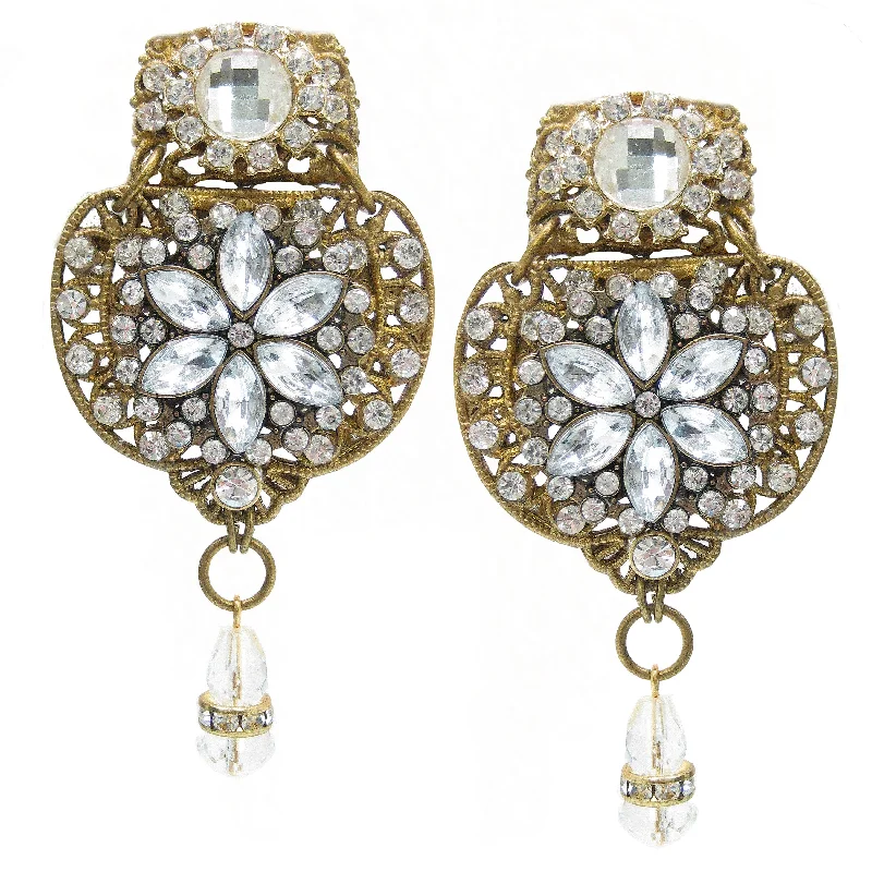 Drop Earrings for Evening Gown -#1090e Gold Tone Filigree & Rhinestone Earrings With Crystal Drop