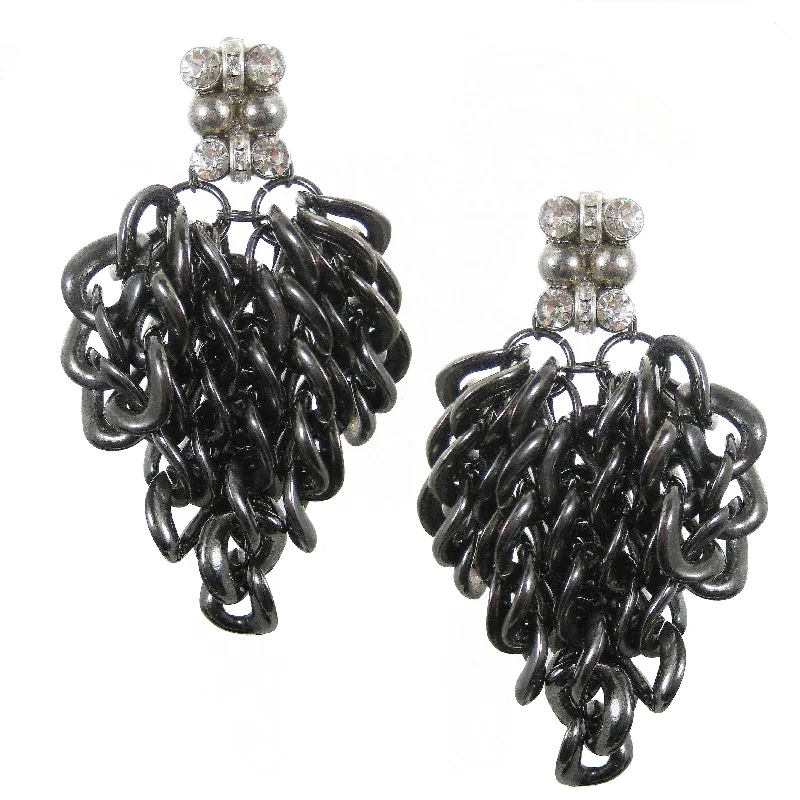 Drop Earrings for Graduation Day -#1032e Gunmetal Tone Chain Fringed Earrings With Rhinestone