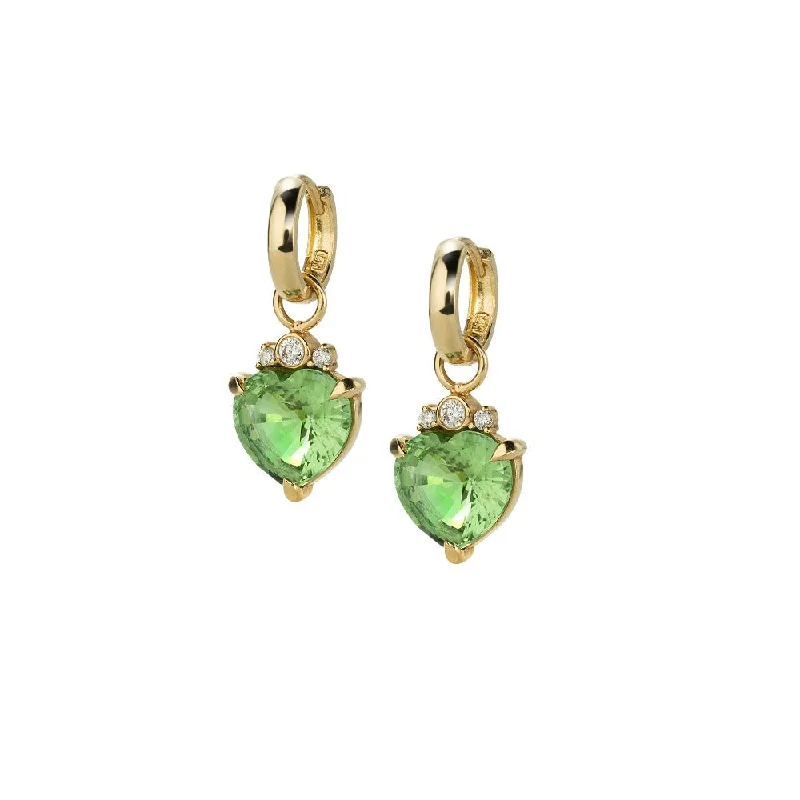 Small Drop Earrings for Delicate -Little Darlings Heart Charms with Green Tourmalines and Diamonds