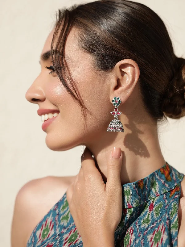 Drop Earrings with Star Motifs -Rubans Emerald Bloom Oxidized Pearl Hanging Jhumka Earrings with Green Stone Floral Designs