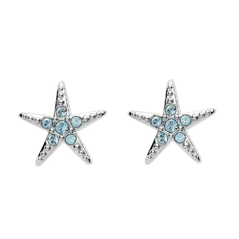 Maximalist Drop Earrings for Bling -Ocean : Stud Star Fish Earrings with Aqua Crystals