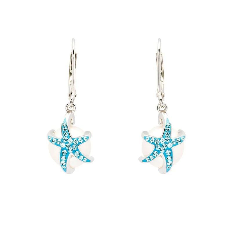 Gemstone Drop Earrings for Color -Ocean : Sterling Silver Pearl with Aqua Crystal Star Fish Earrings