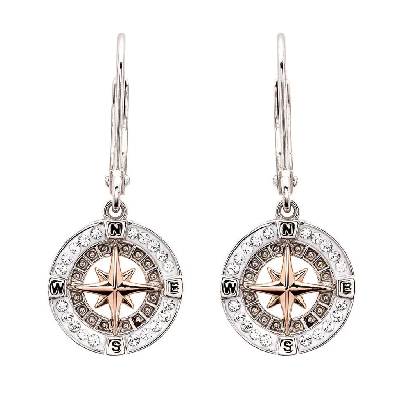 Triangular Drop Earrings for Edge -Ocean : Sterling Silver and Rose Gold Compass Earrings With Crystals