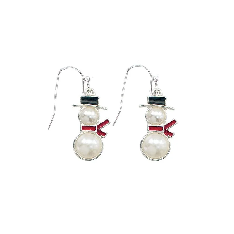 Long Drop Earrings for Dramatic -Periwinkle by Barlow : White Pearl Snowmen With Hat and Scarf - Earrings