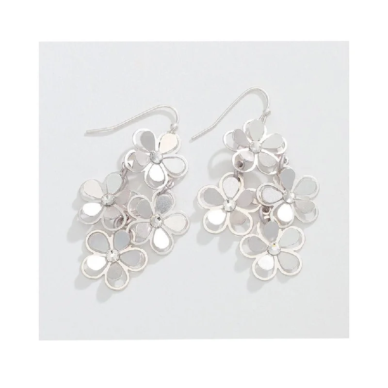 Small Drop Earrings for Delicate -Periwinkle by Barlow :  Matte Silver Flower Cascade with Crystals - Earrings