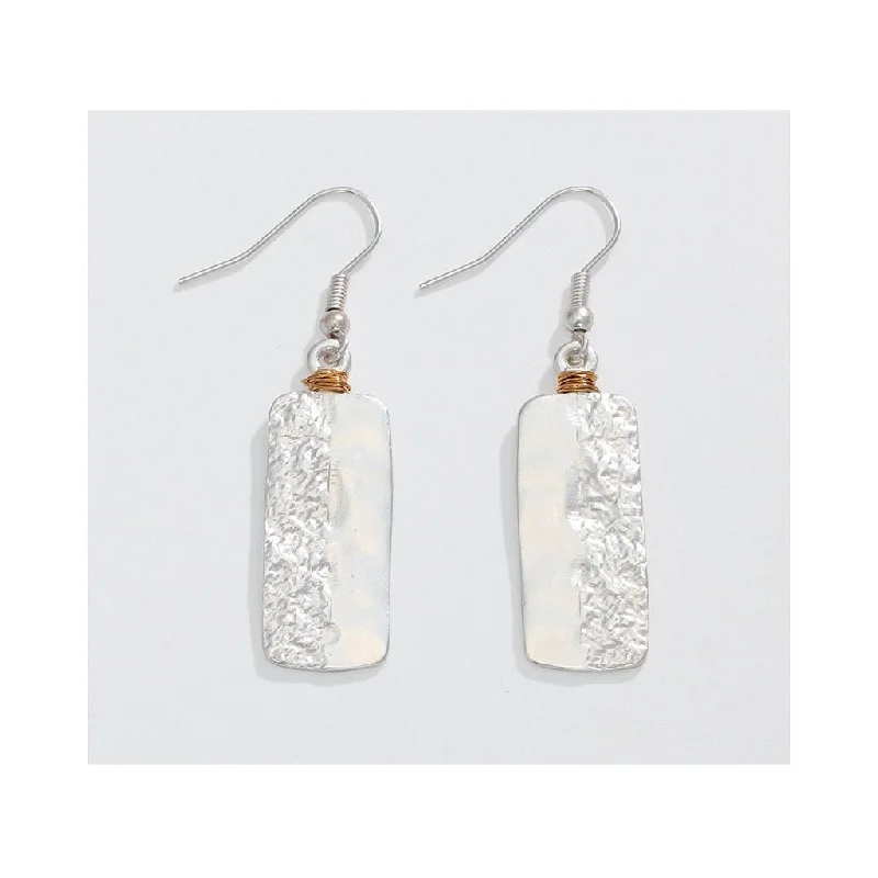 Ethnic Drop Earrings with Tribal Design -Periwinkle by Barlow : Textured  Silver Drop with Gold Wire Wrap   - Earrings