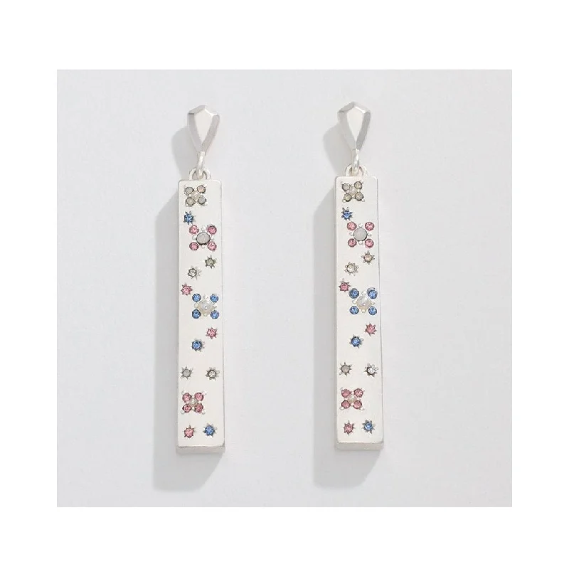 Geometric Drop Earrings for Trend -Periwinkle by Barlow : Matte Silver Rectangular Drops with Starry Crystals - Earrings